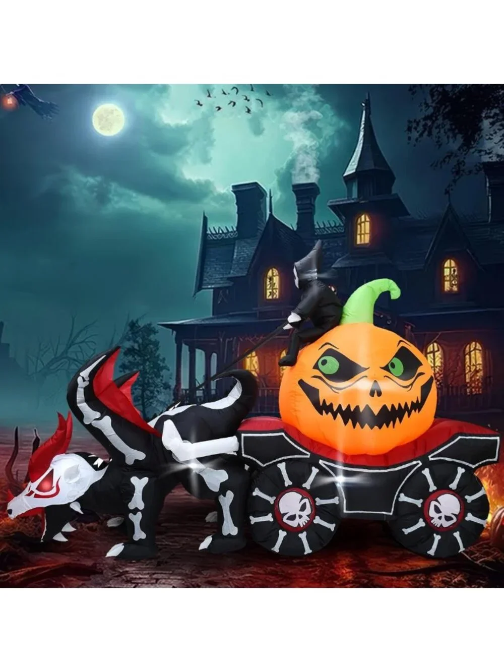 9FT Halloween Inflatable Carriage with Grim Reaper & Skeleton Dragon - LED